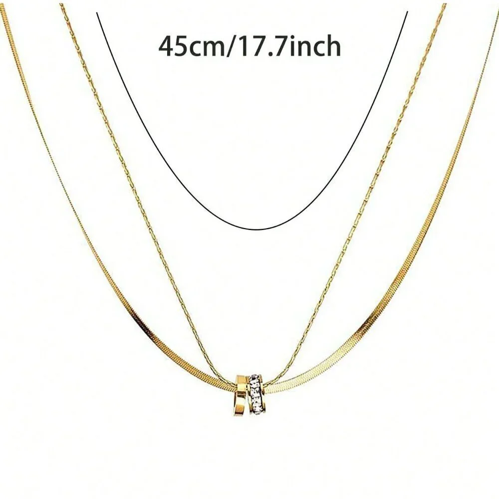 Silver Casual Women's Stainless Steel Round Cz Inlaid Double Layer Necklace
